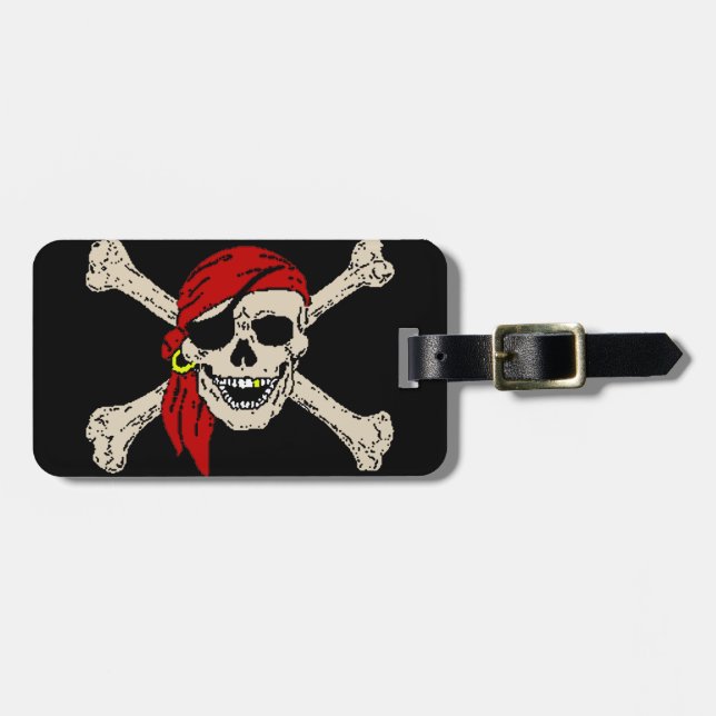 Etiqueta Para Maletas Jolly Roger Pirate Skull Huesos Rojos Bandanna (Frente Horizontal)