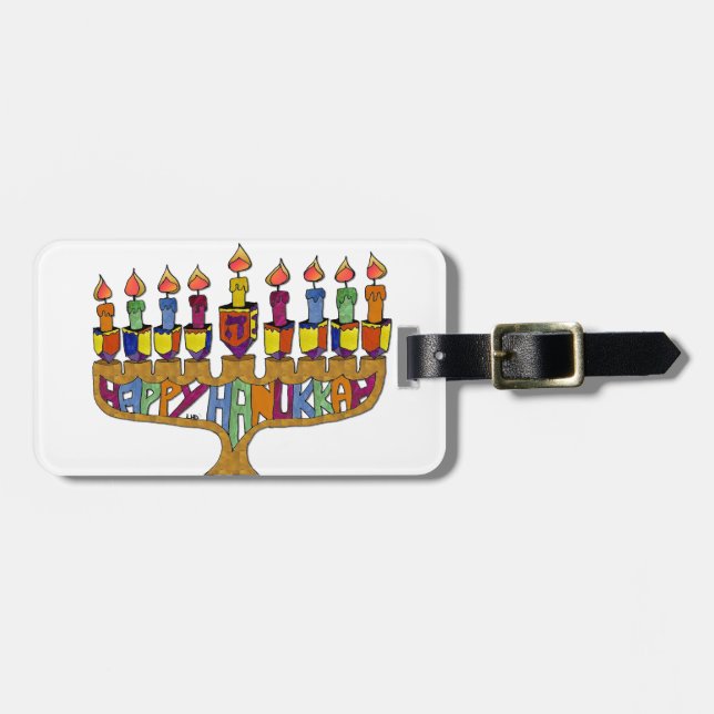 Etiqueta Para Maletas Judaica Happy Hanukkah Dreidel Menorah (Frente Horizontal)