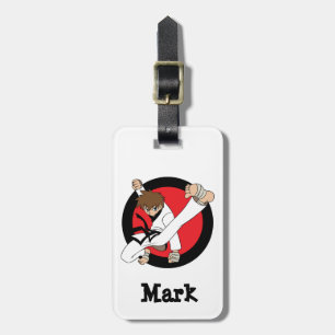 Etiqueta Para Maletas Karate de la correa negra/muchacho del Brunette de