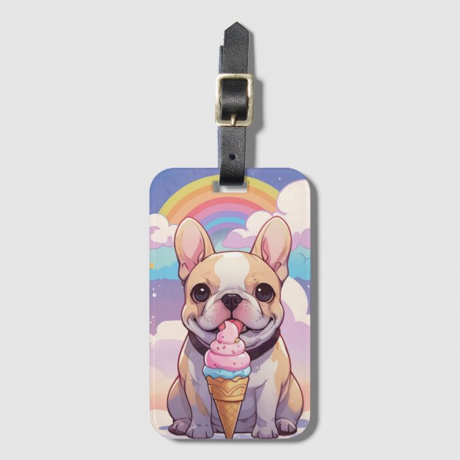 Etiqueta Para Maletas Kawaii Bulldog francés helado arcoiris (Anverso vertical)