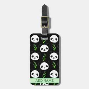 Etiqueta Para Maletas Kawaii Panda Pattern Bambú en verde blanco negro