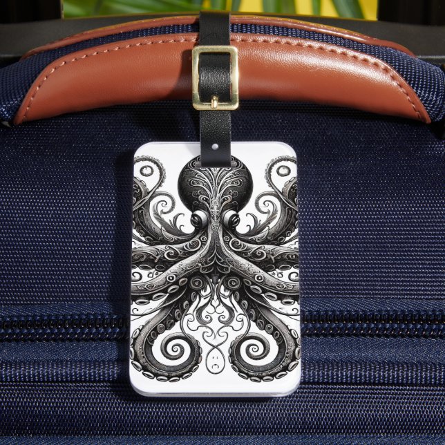 Etiqueta Para Maletas Kraken Steampunk Octopus Ornate Black (Anverso In situ 2)