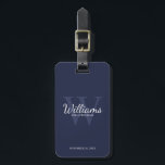 Etiqueta Para Maletas La marina personaliza el nombre y el monograma de<br><div class="desc">Añada un toque personal a su boda con la etiqueta de equipaje personalizada para los padrinos. Esta etiqueta portaequipajes presenta el nombre del groomsman personalizado en estilo de letra clásico de escritura blanco con detalles bodas en estilo de letra serif clásico blanco y monograma en estilo de fuente serif clásico...</div>