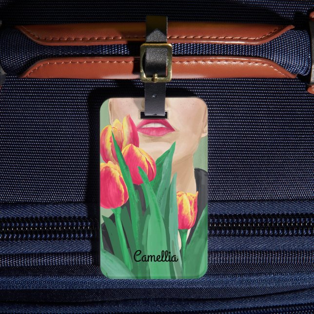 Etiqueta Para Maletas Lady & Tulip Green Naranja Pintura gráfica moderna (Portrait art of lady with tulip "Dame à la tulipe", lady with yellow orange tulip on green backgroun)