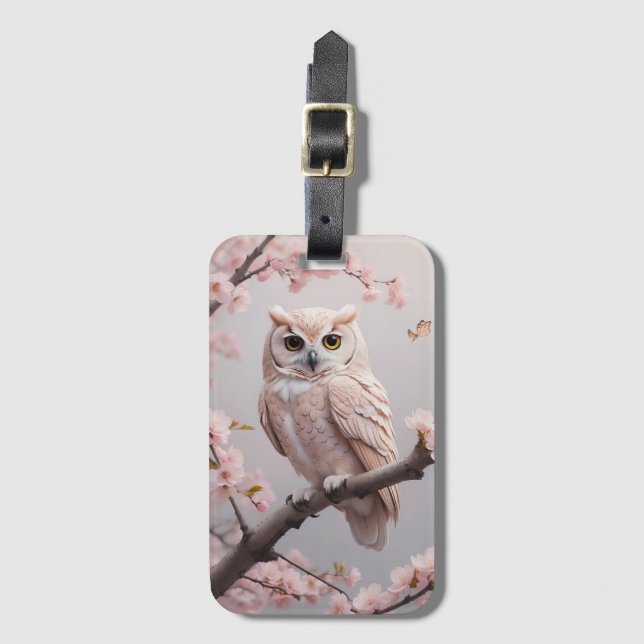 Etiqueta Para Maletas Lechuza de cerezo rosa de ensueño (Anverso vertical)