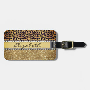 Etiqueta Para Maletas Leopard Spot Gold Purpurina Diamante de imitación 