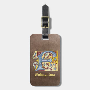 Etiqueta Para Maletas Letra F iluminada con hiedra azul y roja medieval