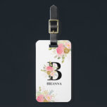 Etiqueta Para Maletas Letra floral monogramo rosa y ramo de oro<br><div class="desc">Etiqueta Monogramada para el equipaje con su nombre inicial y su nombre. El diseño tiene una carta floral decorada con ramos de flores rosadas y doradas. La plantilla está configurada para que personalizar su nombre inicial y su nombre, que se escriben en negrita y en tipografía negra. Girly, de moda...</div>