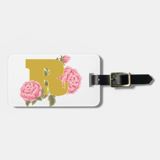 Etiqueta Para Maletas Letra floral Rosa inicial Monograma Pareja (Frente Horizontal)