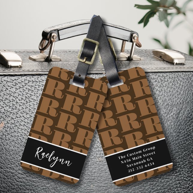 Etiqueta Para Maletas Letra marrón blanca moderna monograma inicial (Subido por el creador)