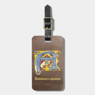 Etiqueta Para Maletas Letra medieval azul y marfil rojo iluminada A