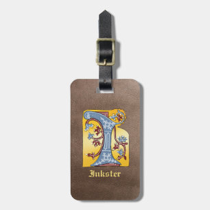 Etiqueta Para Maletas Letra medieval azul y marfil rojo iluminada con le