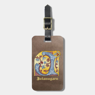 Etiqueta Para Maletas Letra medieval azul y marfil rojo iluminada J