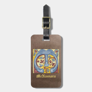 Etiqueta Para Maletas Letra medieval azul y marfil rojo iluminada M