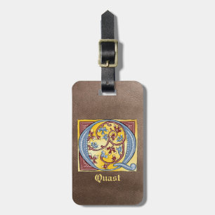 Etiqueta Para Maletas Letra medieval azul y roja marfil iluminada Q