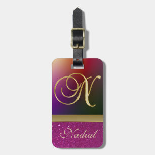 Etiqueta Para Maletas Letra personalizada de monograma de oro morado Pur