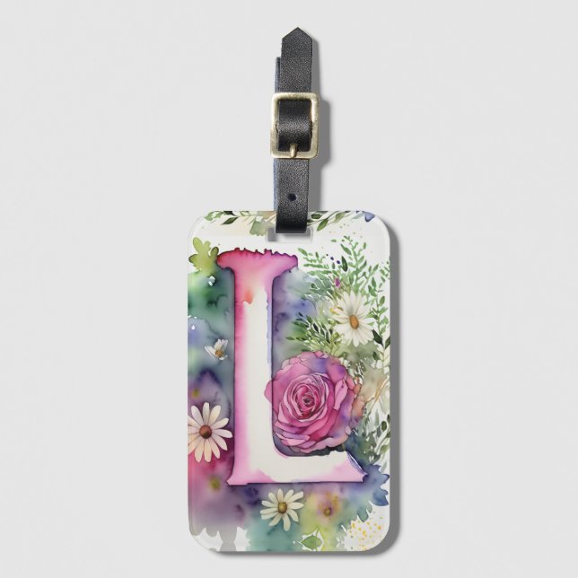 Etiqueta Para Maletas Letra personalizada L Daisy Floral acuarela (Anverso vertical)