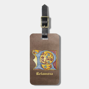 Etiqueta Para Maletas Letra R Iluminada con Hiedra Azul y Roja Medieval