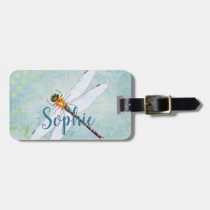 Etiqueta Para Maletas Libélula del vintage en fondo floral descolorado