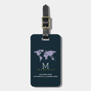 Etiqueta Para Maletas lindo monogramado azul profundo Mr & Mrs worldmap
