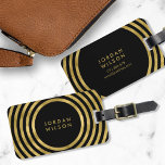 Etiqueta Para Maletas Líneas geométricas de Círculos de Oro Elegante Neg<br><div class="desc">Viaja con estilo con esta elegante etiqueta de equipaje que presenta un moderno patrón de líneas geométricas de color oro falso con un fondo negro. Personalice esta etiqueta con su información y para obtener más opciones, como cambiar el tipo de letra y su tamaño, haga clic en el botón "Personalizar"....</div>