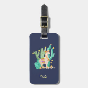 Etiqueta Para Maletas Llama y Cactus Acuarela Azul Personalizado