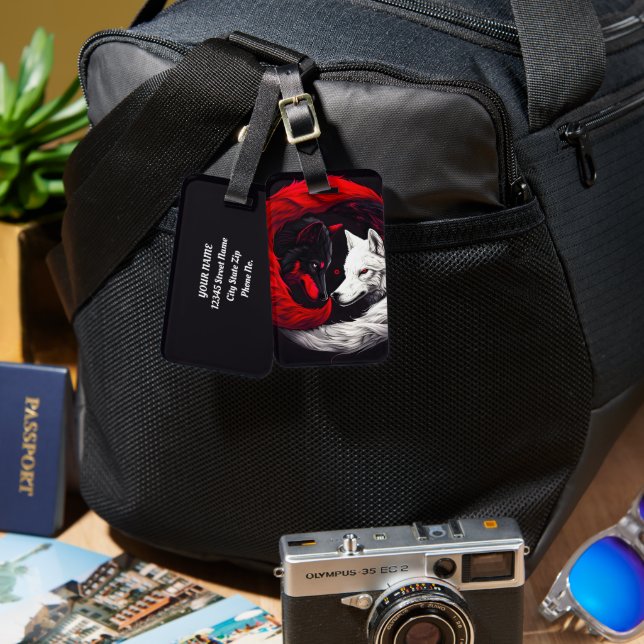 Etiqueta Para Maletas Lobo blanco rojo de la luna (Anverso & Reverso)