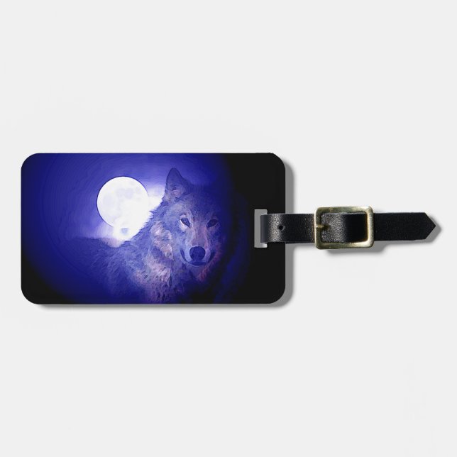 Etiqueta Para Maletas Lobo, luna y noche azul (Frente Horizontal)