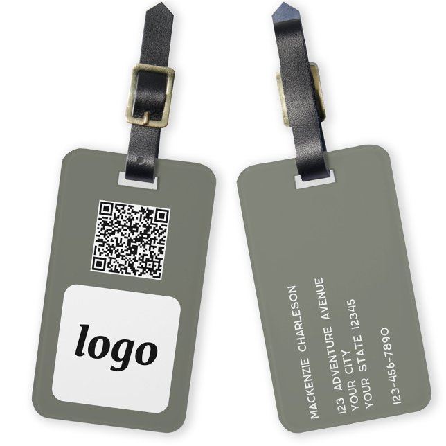Etiqueta Para Maletas Logo QR Código Sage Green Business Promocional (Logo QR code with custom text business promotional luggage tag)