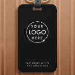 Etiqueta Para Maletas Logotipo comercial | Black Modern Professional Tra<br><div class="desc">Una sencilla plantilla de etiquetas de equipaje de negocios negro personalizado en un estilo minimalista moderno que se puede actualizar fácilmente con el logotipo de su empresa,  el lema y los detalles de su negocio. #luggagetag #logo #negocio #viaje</div>