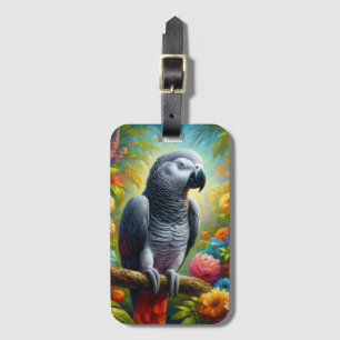 Etiqueta Para Maletas Loro gris africano con flores de colores