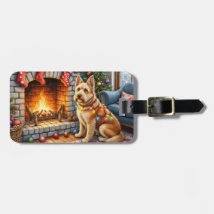 Etiqueta Para Maletas Luces de Navidad junto a la Chimenea con Bouviers 