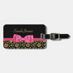 Etiqueta Para Maletas Lujo Dorado Negro Floral Damask color rosa y nombr