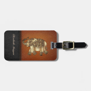 Etiqueta Para Maletas Lujo elegante, aspecto de cuero, elefante, paisley