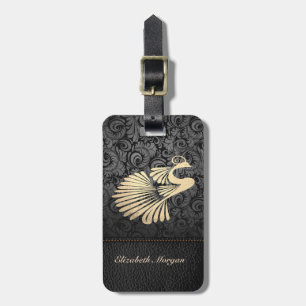 Etiqueta Para Maletas Lujo Elegante , Aspecto de Cuero, Pavo Real Dorado