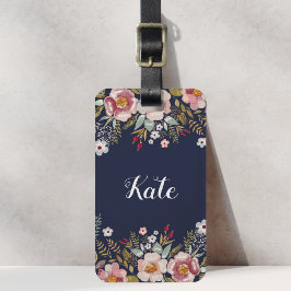 Etiqueta Para Maletas Lujosa Floral Rosa Azul Marino Nombre Personalizad