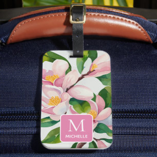 Etiqueta Para Maletas Magnolia Monograma de Arte Botánico Moderno Rosa