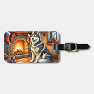 Etiqueta Para Maletas Malamute de Alaska Chimenea con Luces de Navidad