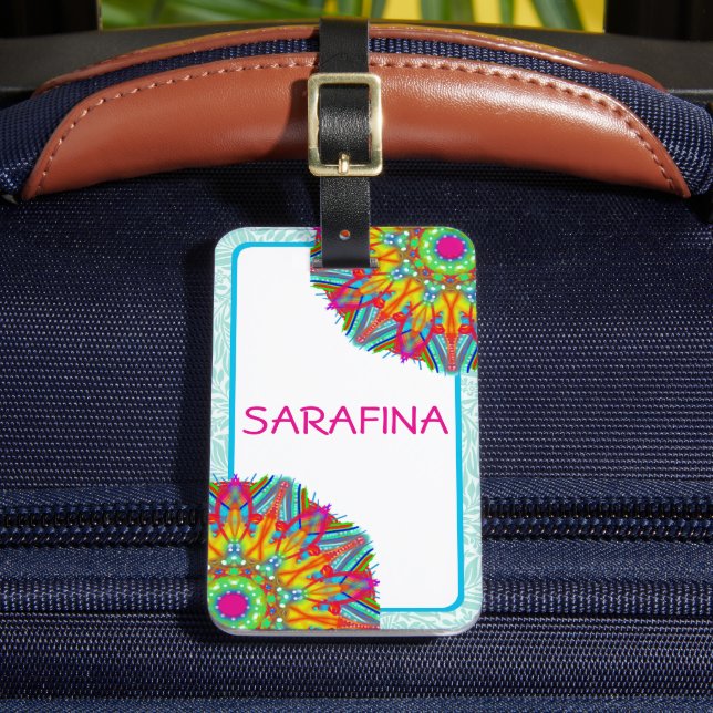 Etiqueta Para Maletas Mandala y Aqua Frame Boho Name (Anverso In situ 2)