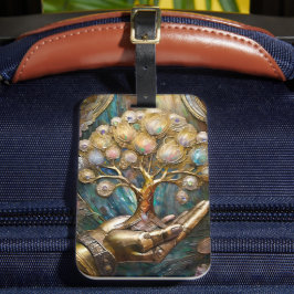 Etiqueta Para Maletas Mano De Robot Dorado Con Árbol De Oro De Vida