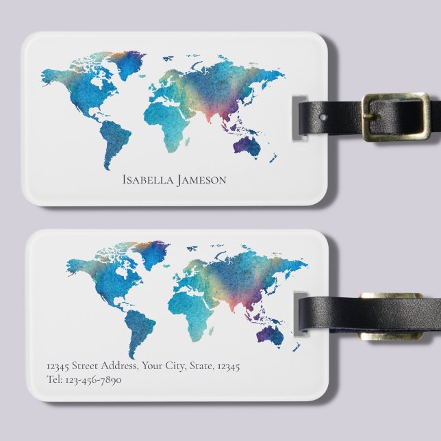Etiqueta Para Maletas Mapa del mundo de las acuarelas personalizadas (Subido por el creador)