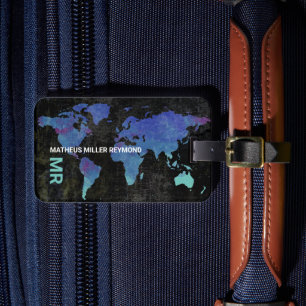 Etiqueta Para Maletas Mapa internacional de viajes azul perturbado