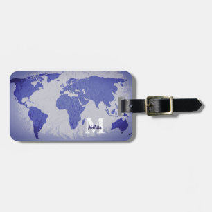 Etiqueta Para Maletas Mapa Mundial Monograma Azul Artesanal Regalo Favor