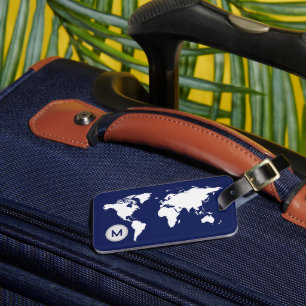 Etiqueta Para Maletas Mapa Mundial Monograma Marina Azul