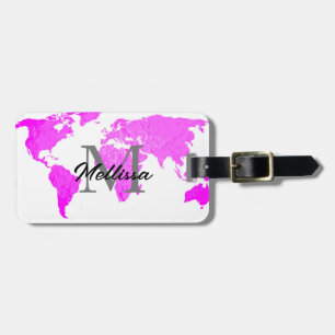 Etiqueta Para Maletas Mapa mundial Monogramas Viajero Blanco morado rosa