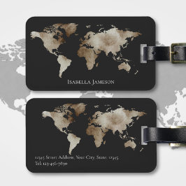 Etiqueta Para Maletas Mapa Mundial Personalizado Acuarela Plateado Negro