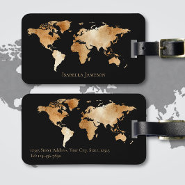 Etiqueta Para Maletas Mapa Mundial Personalizado de Acuarela en Oro Negr