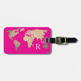 Etiqueta Para Maletas Mapa Mundial Rosa Caliente Monograma Inicial Nombr