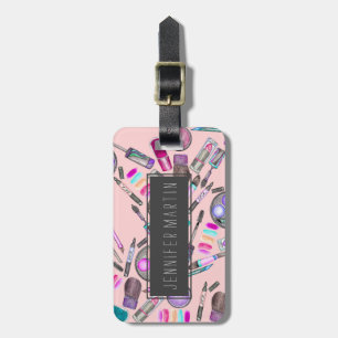 Etiqueta Para Maletas Maquillaje pintado a mano de la acuarela del chica