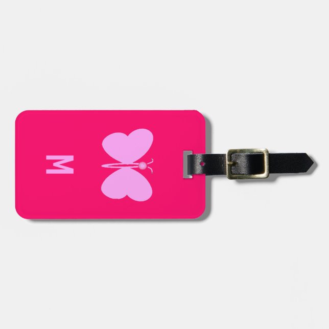 Etiqueta Para Maletas mariposa rosa monogramada (Frente Horizontal)